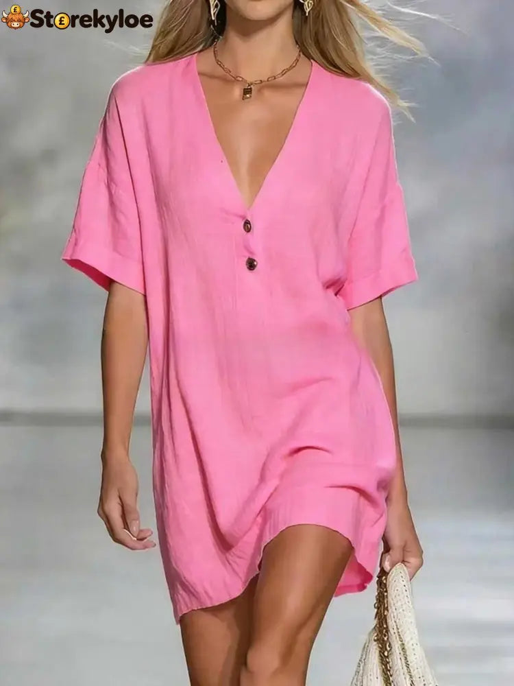Effortless Chic Linen-Blend V-Neck Shirt Dress - Pink / S
