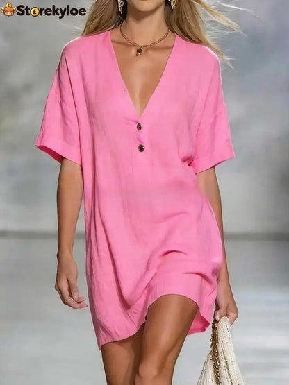 Effortless Chic Linen-Blend V-Neck Shirt Dress - Pink / S