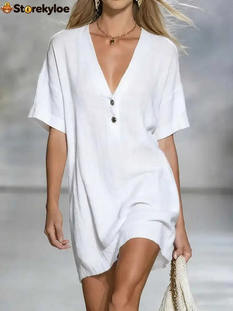 Effortless Chic Linen-Blend V-Neck Shirt Dress - White / S