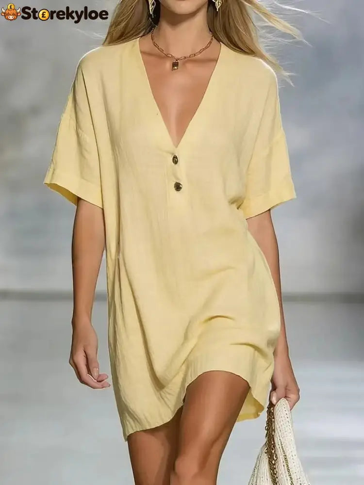 Effortless Chic Linen-Blend V-Neck Shirt Dress - Yellow / S