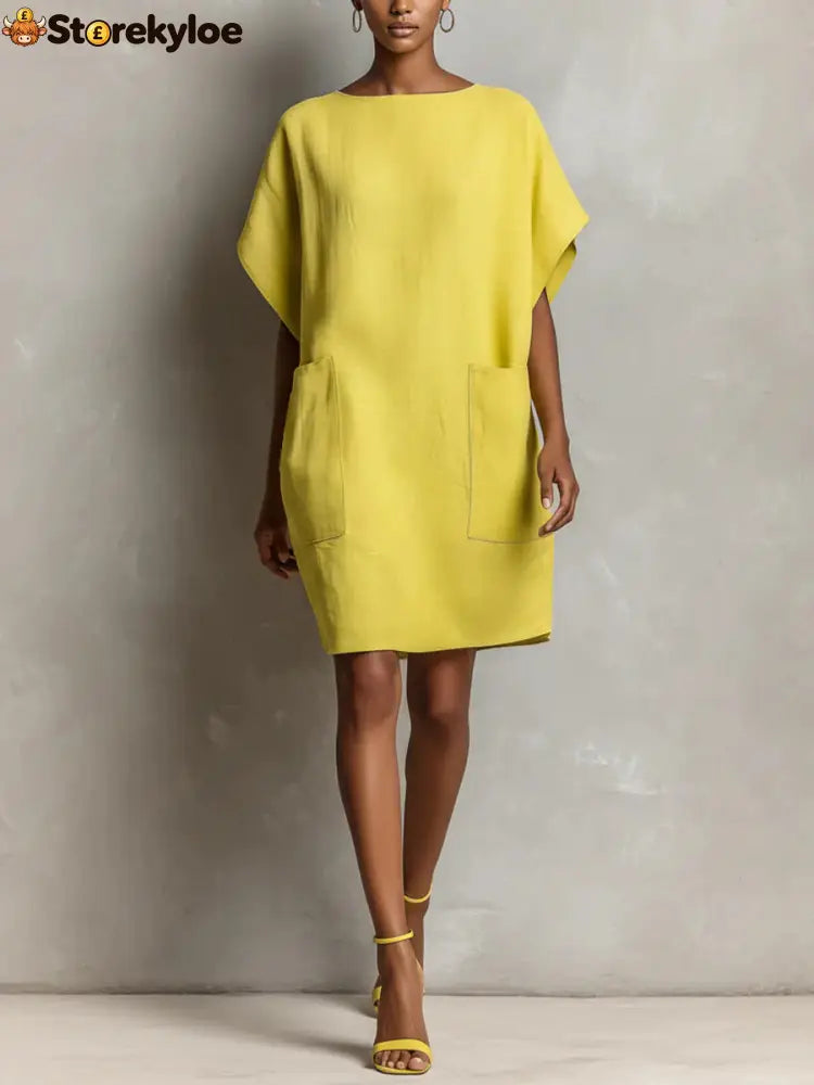Effortless Linen-Blend Shift Dress - Yellow / S