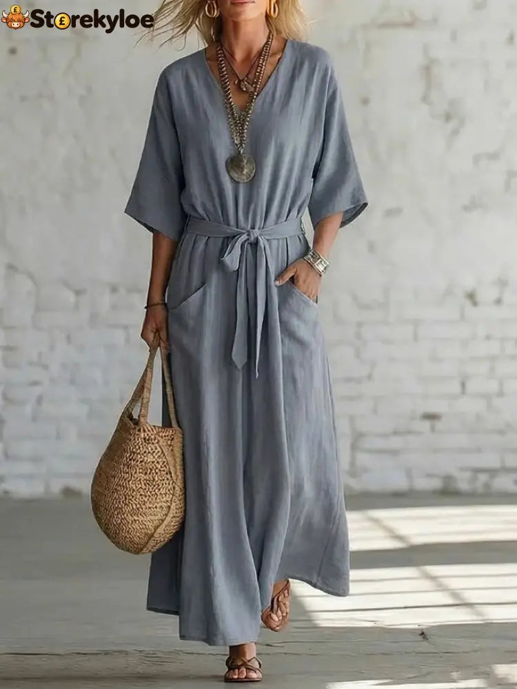 Effortless Linen Maxi Dress: Your Go-To for Timeless Breezy Style - Gray / S