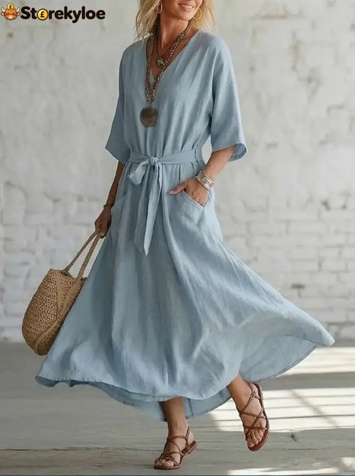 Effortless Linen Maxi Dress: Your Go-To for Timeless Breezy Style - Light blue / S