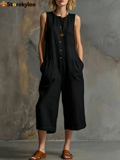 Effortless Linen Sleeveless Wide-Leg Jumpsuit - Black / S