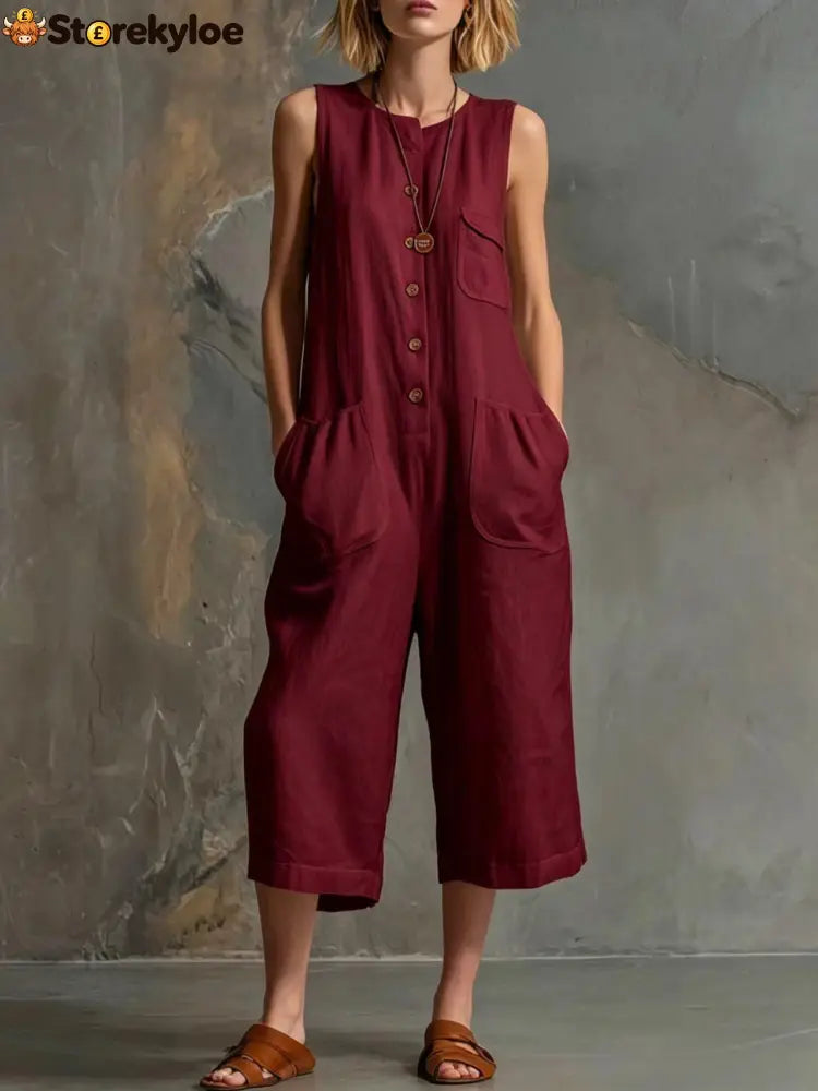 Effortless Linen Sleeveless Wide-Leg Jumpsuit - Burgundy / S