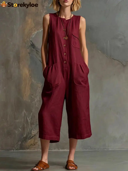 Effortless Linen Sleeveless Wide-Leg Jumpsuit - Burgundy / S