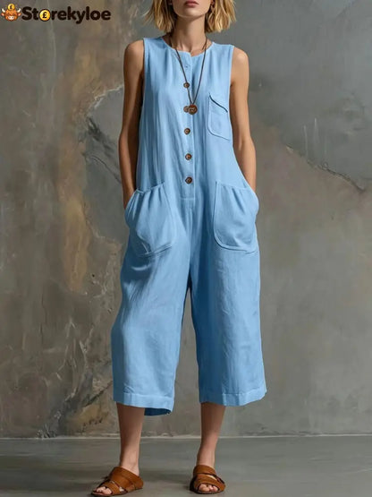 Effortless Linen Sleeveless Wide-Leg Jumpsuit - Sky blue / S