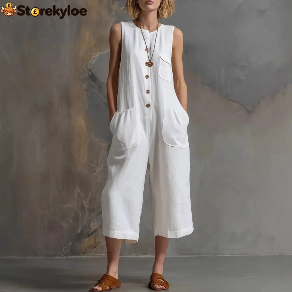 Effortless Linen Sleeveless Wide-Leg Jumpsuit - White / S