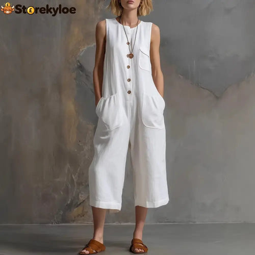 Effortless Linen Sleeveless Wide-Leg Jumpsuit - White / S