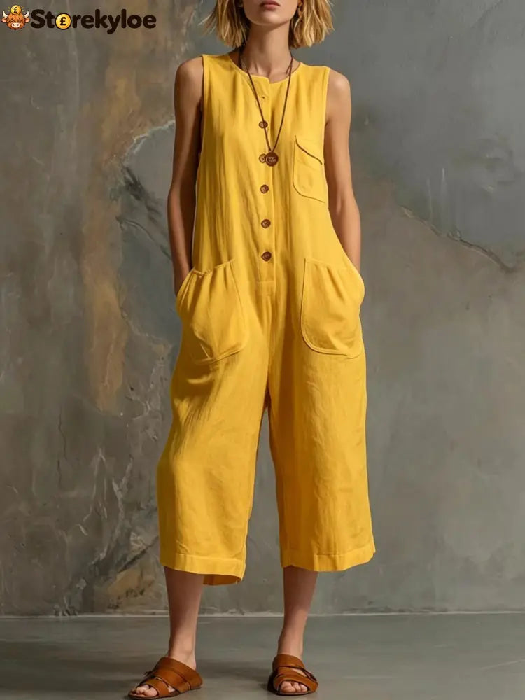 Effortless Linen Sleeveless Wide-Leg Jumpsuit - Yellow / S