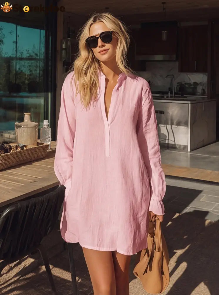 Effortless Long-Sleeve Linen Tunic Dress - Pink / S