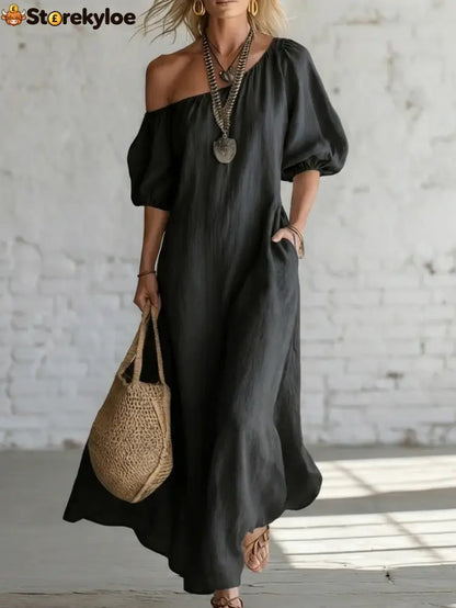 Effortless Off-Shoulder Linen-Blend Maxi Dress - Black / S