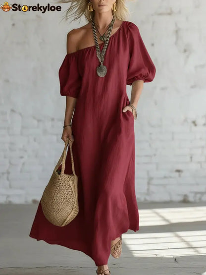 Effortless Off-Shoulder Linen-Blend Maxi Dress - Burgundy / S