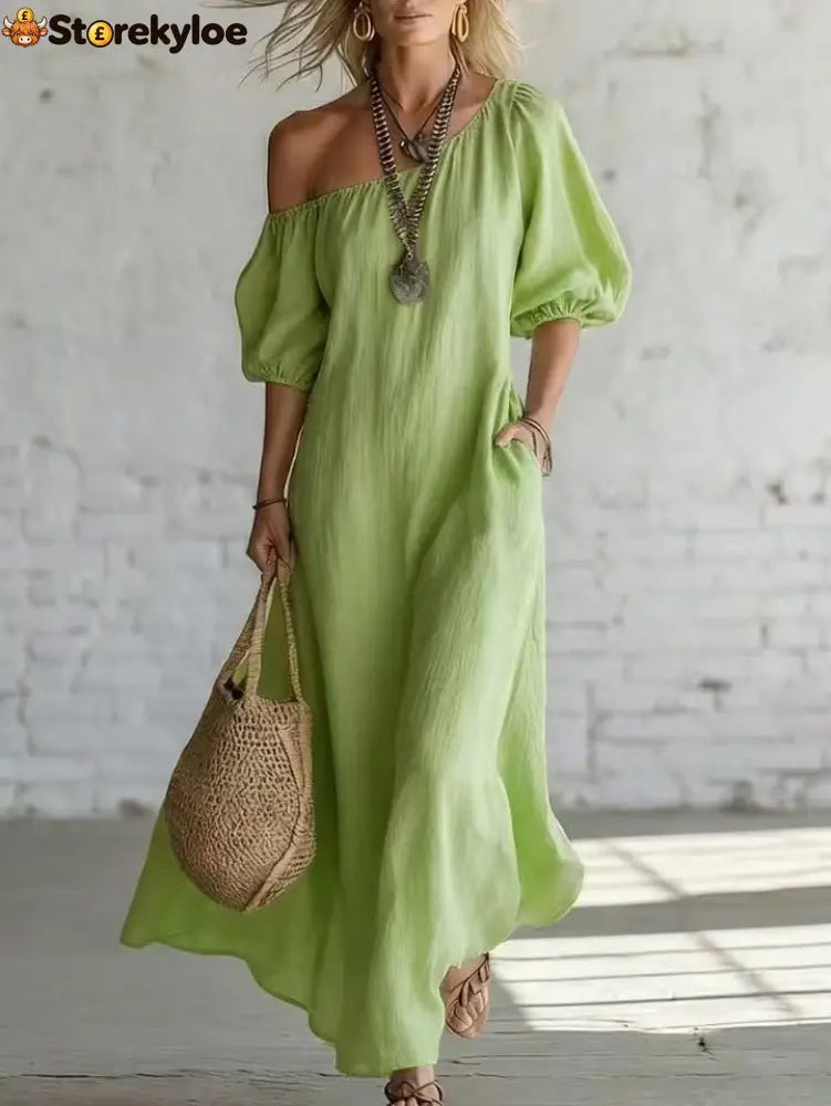 Effortless Off-Shoulder Linen-Blend Maxi Dress - Green / S