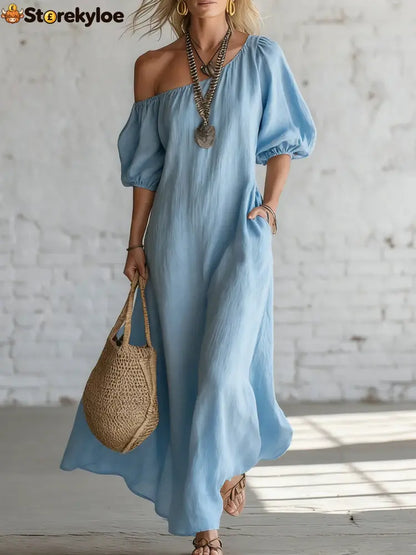 Effortless Off-Shoulder Linen-Blend Maxi Dress - Sky blue / S