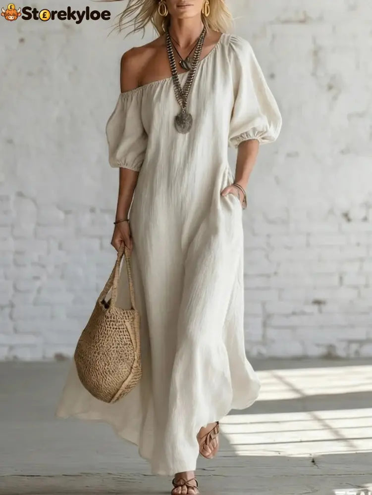 Effortless Off-Shoulder Linen-Blend Maxi Dress - White / S