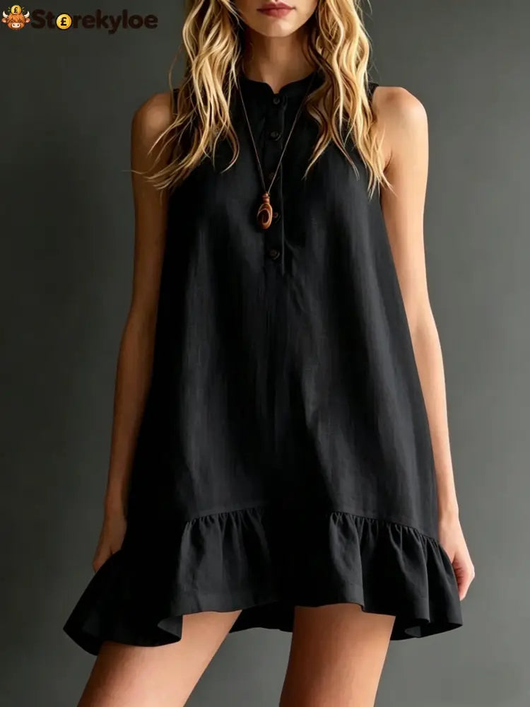 Effortless Sleeveless Ruffle Hem Shift Dress – Relaxed Linen Blend Style - Black / S