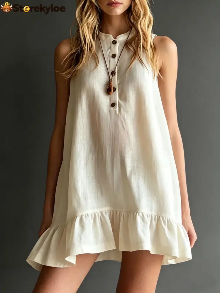Effortless Sleeveless Ruffle Hem Shift Dress – Relaxed Linen Blend Style - Ivory white / S
