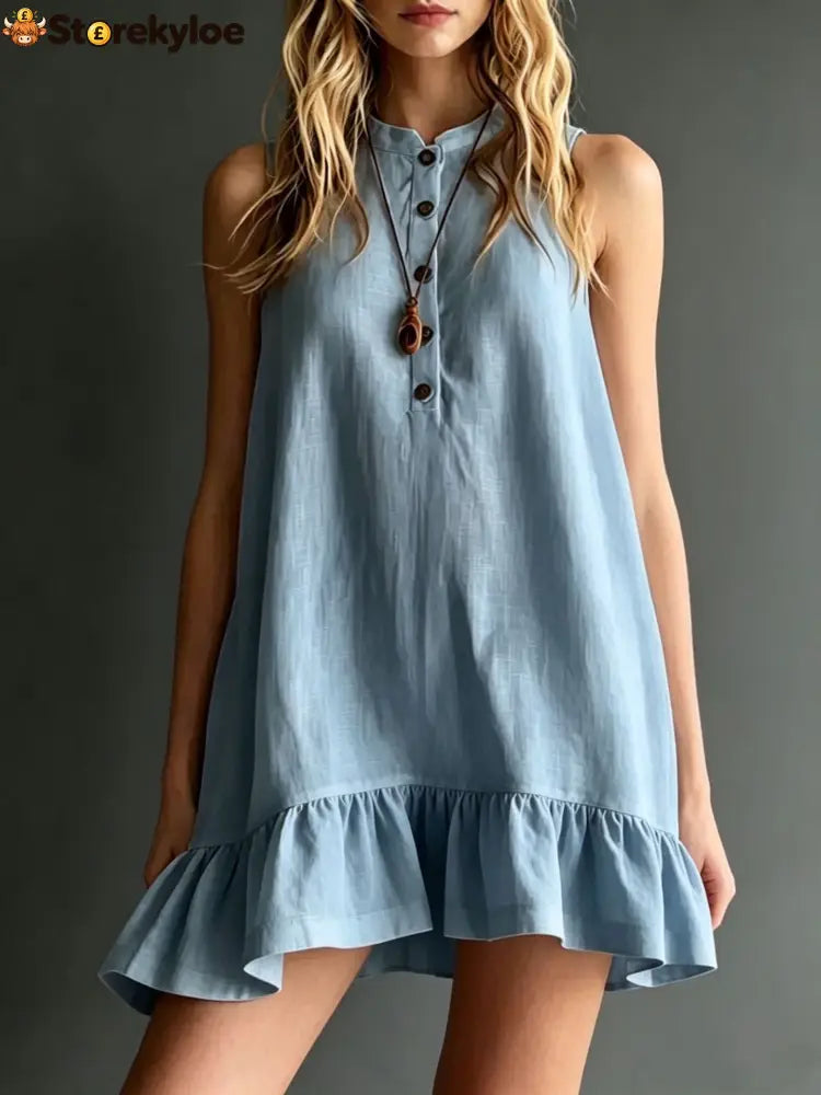 Effortless Sleeveless Ruffle Hem Shift Dress – Relaxed Linen Blend Style - Light blue / S