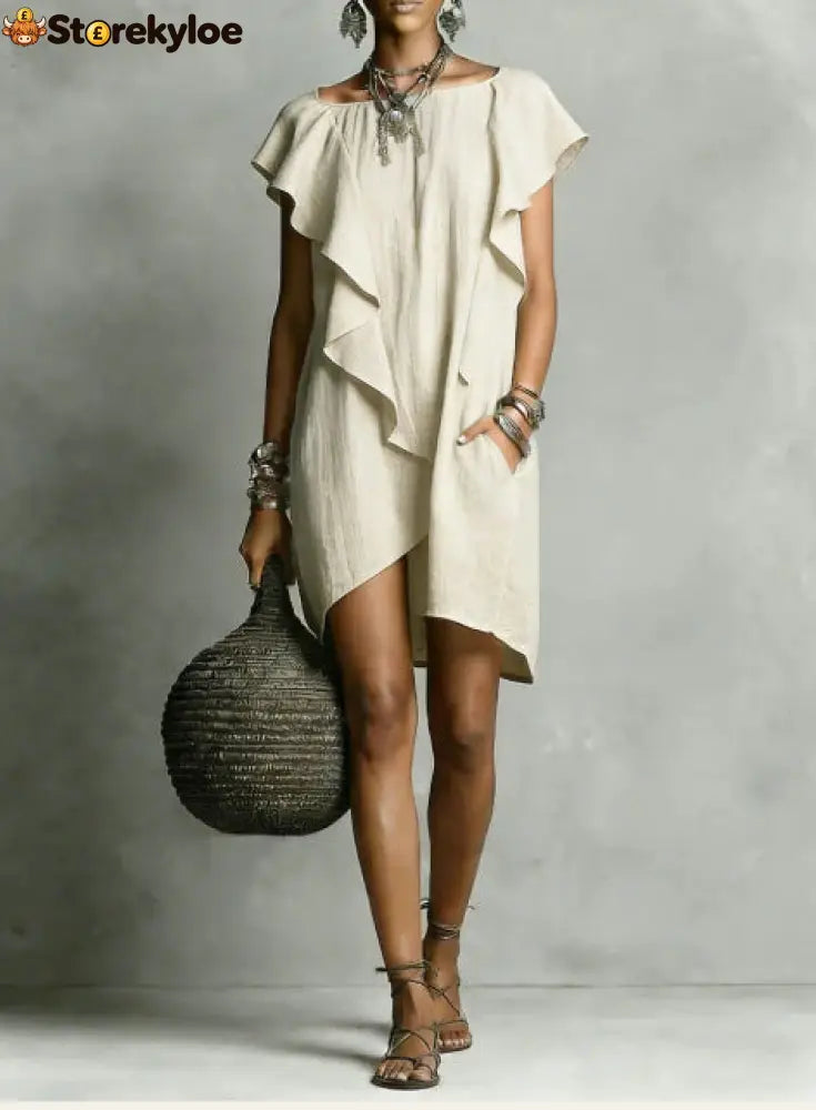 Elegant And Romantic Contrasting Color Ruffle Dress - Apricot / S