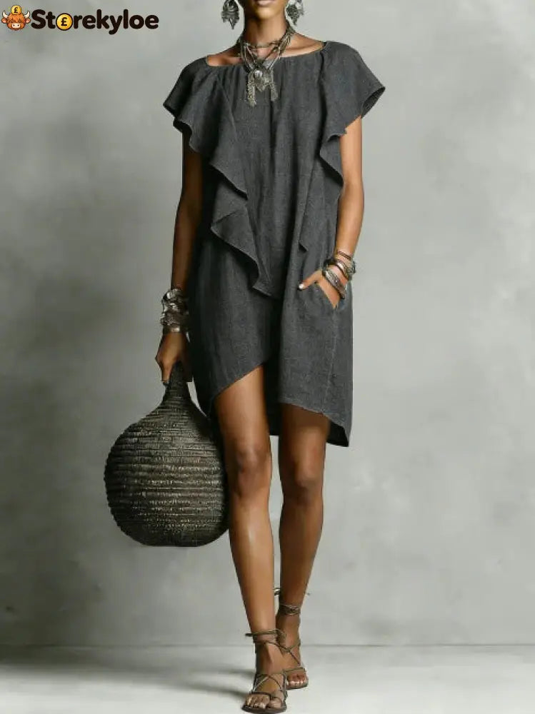 Elegant And Romantic Contrasting Color Ruffle Dress - Dark gray / S