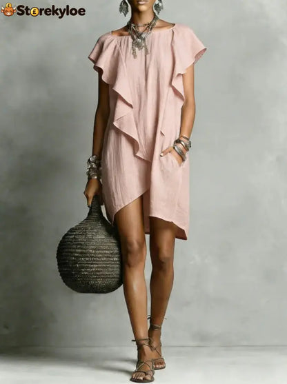 Elegant And Romantic Contrasting Color Ruffle Dress - Pink / S