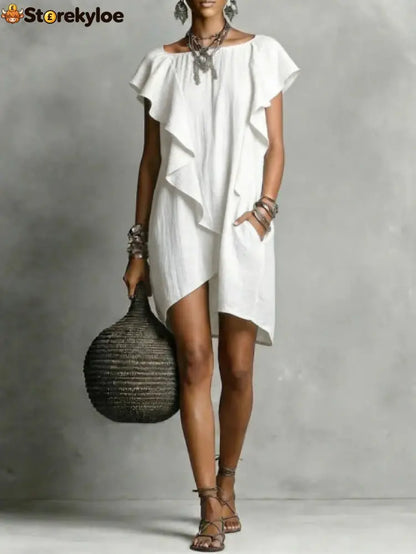 Elegant And Romantic Contrasting Color Ruffle Dress - White / S