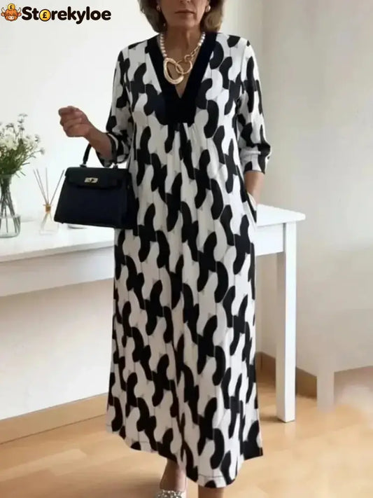 Elegant Art Print Color Block Trim V-neck Midi Dress - Black / S