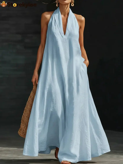 Elegant Black Halter Neck Maxi Dress – Casual Loose Cotton Linen Sundress with Pockets - Light blue / S