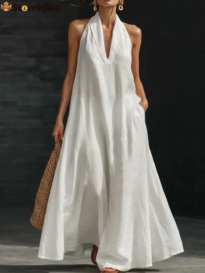 Elegant Black Halter Neck Maxi Dress – Casual Loose Cotton Linen Sundress with Pockets - White / S