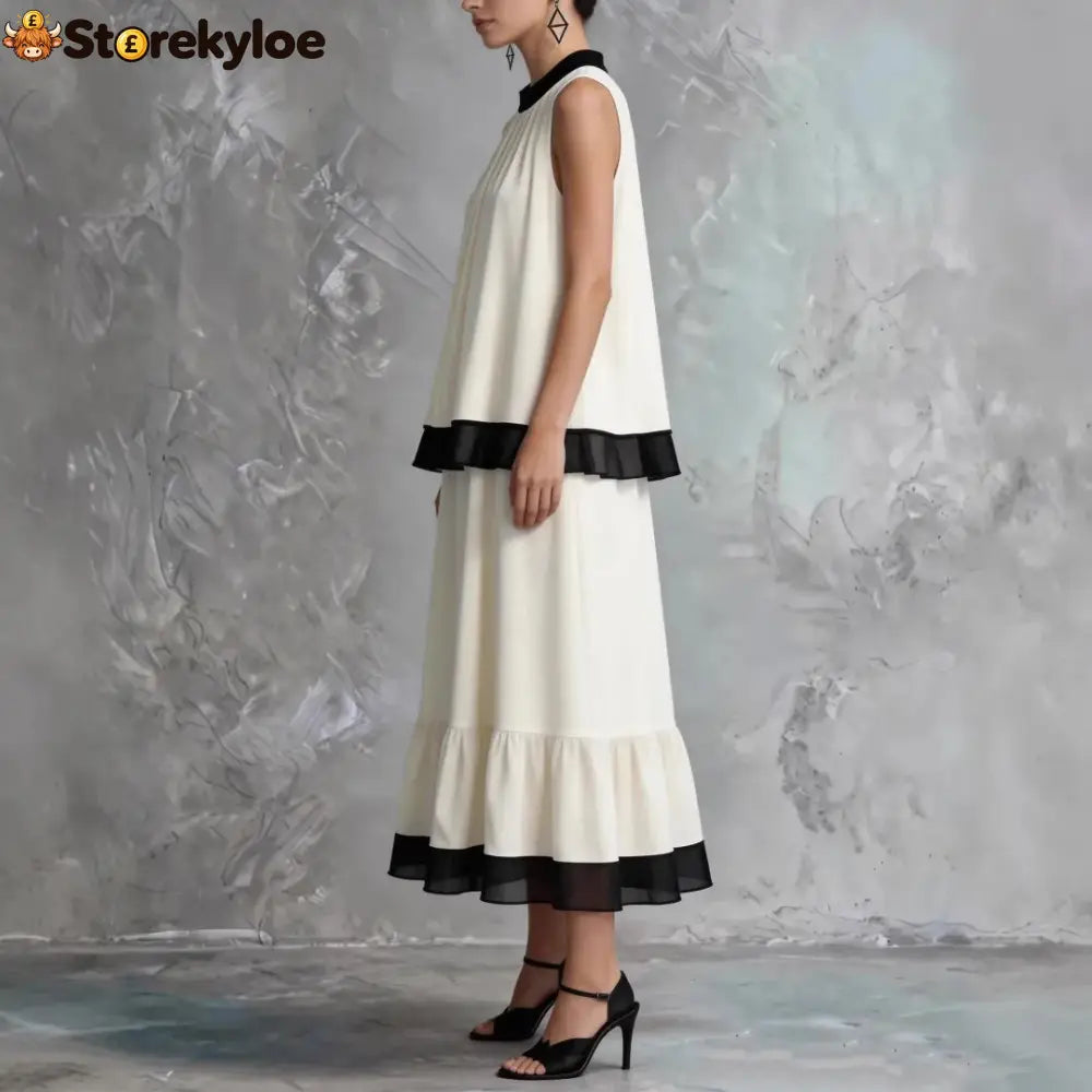 Elegant Black & White Tiered Two-Piece Maxi Set