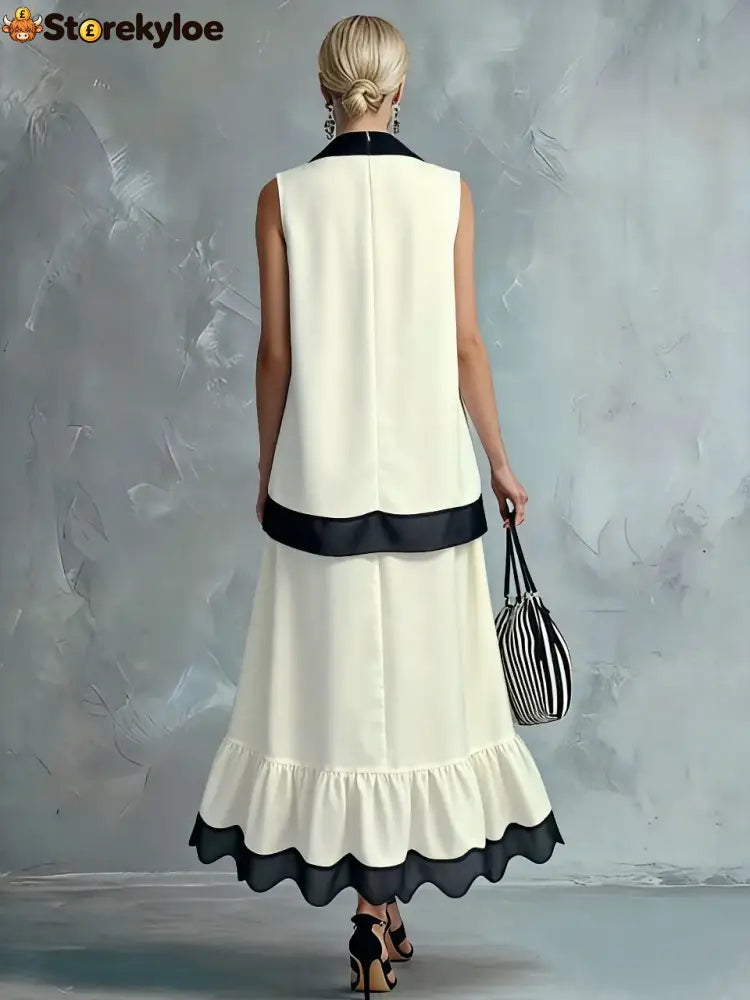 Elegant Black & White Tiered Two-Piece Maxi Set