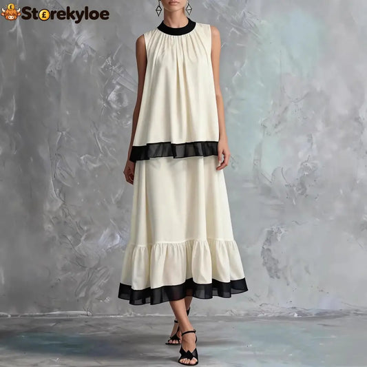 Elegant Black & White Tiered Two-Piece Maxi Set - White / S