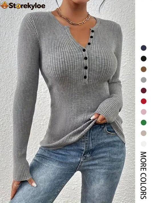Elegant Chic Slim Fit Long Sleeve Round Neck Tops - Grey / XS