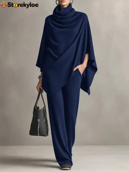 Elegant Drape Two-Piece Set - Navy Blue / S