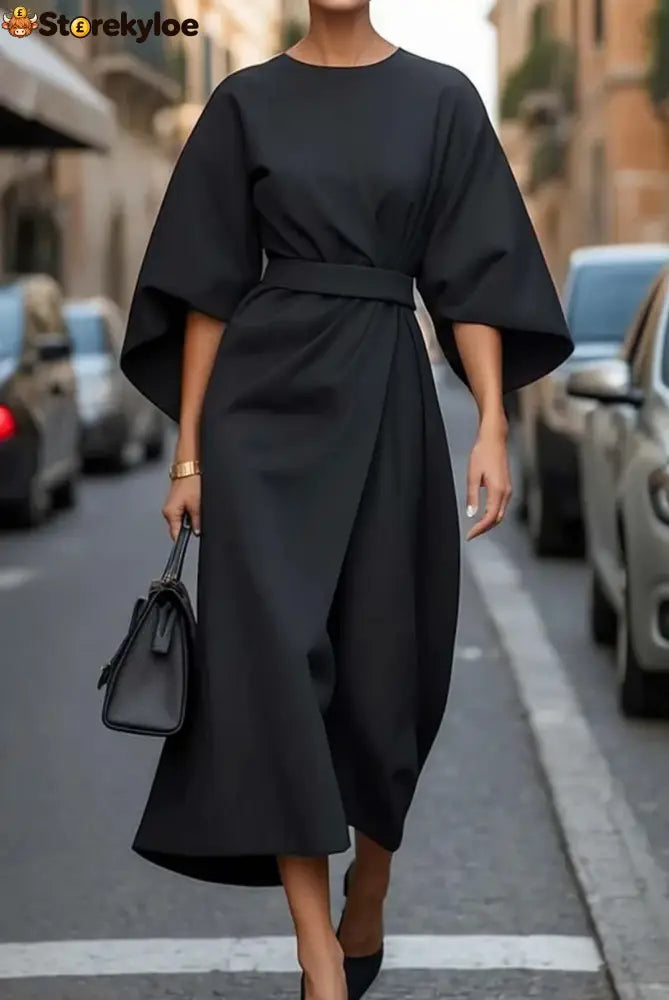 Elegant Dress with Lantern Sleeves - Black / S