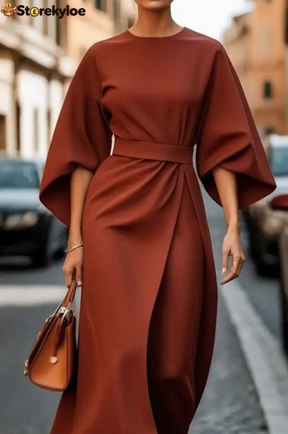 Elegant Dress with Lantern Sleeves - Brown / S
