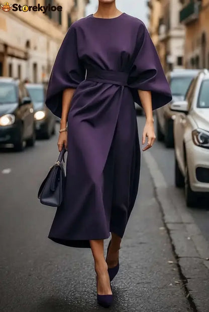 Elegant Dress with Lantern Sleeves - Purple / S