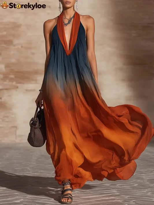 Elegant Halter Neck Gradient Loose Maxi Dress - Orange / S