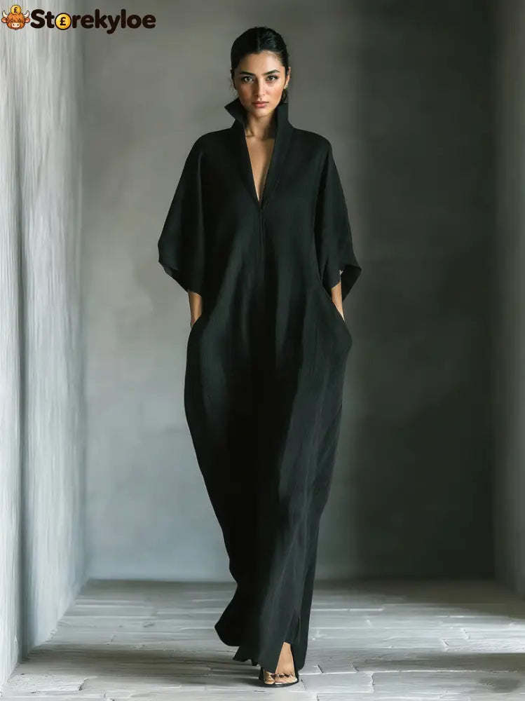 Elegant High-Neck Batwing Sleeve Maxi Dress - Black / S