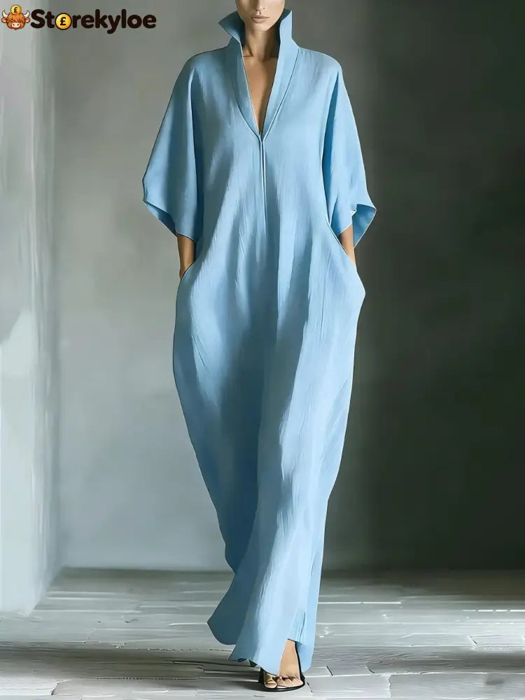 Elegant High-Neck Batwing Sleeve Maxi Dress - Blue / S
