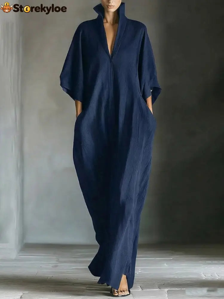 Elegant High-Neck Batwing Sleeve Maxi Dress - Dark Blue / S