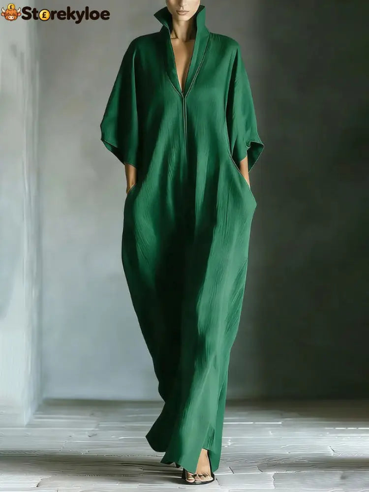 Elegant High-Neck Batwing Sleeve Maxi Dress - Green / S