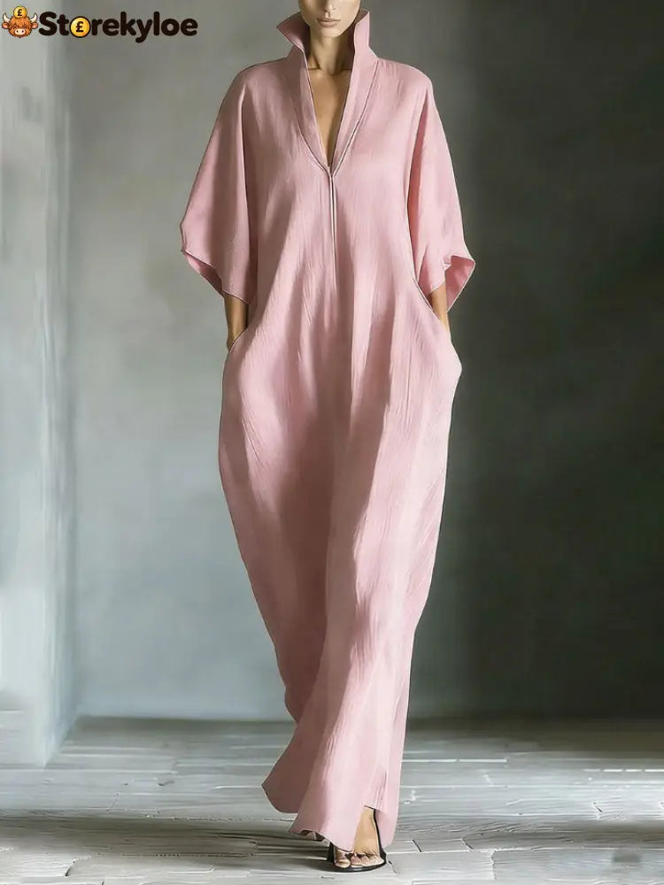 Elegant High-Neck Batwing Sleeve Maxi Dress - Pink / S