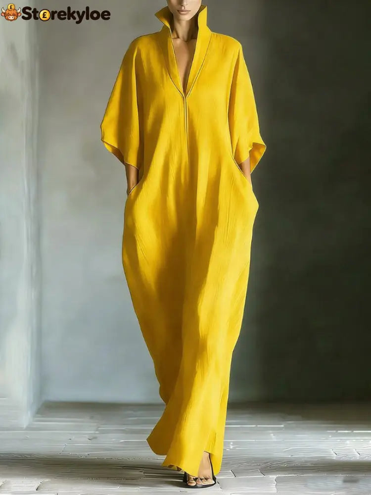 Elegant High-Neck Batwing Sleeve Maxi Dress - Yellow / S