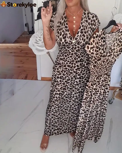 Elegant Leopard Print V-Neck Dress