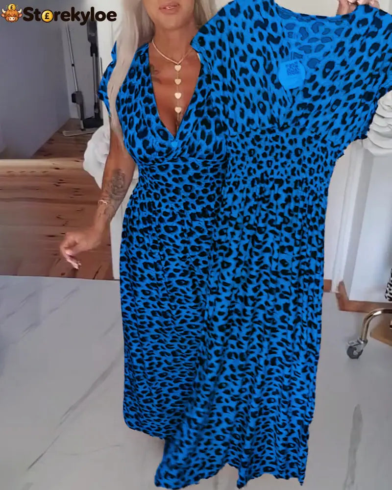 Elegant Leopard Print V-Neck Dress - Blue / S