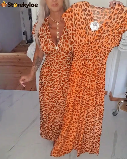 Elegant Leopard Print V-Neck Dress - Orange / S