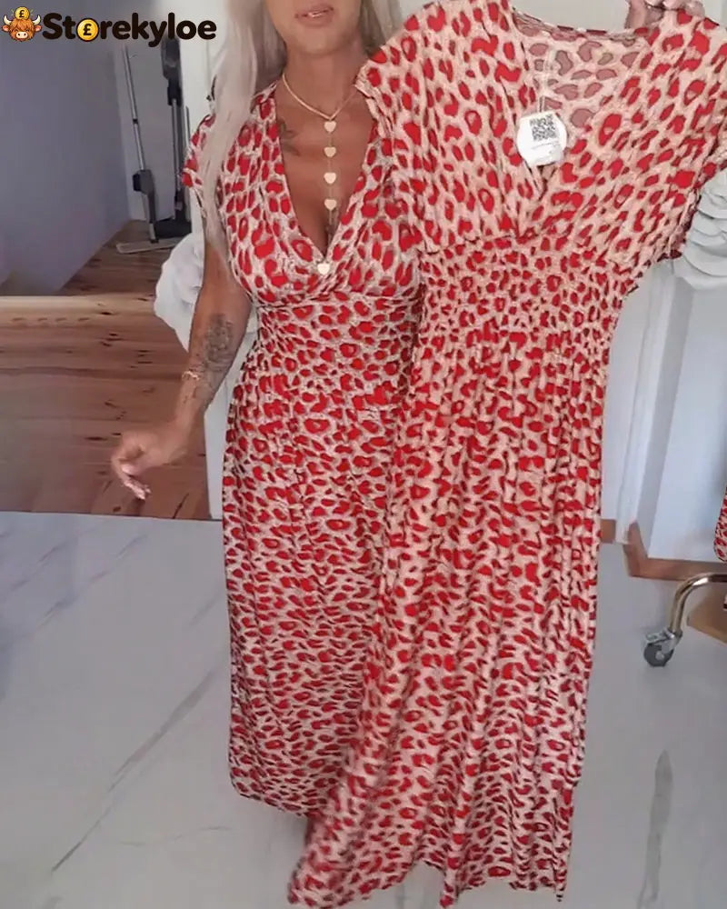 Elegant Leopard Print V-Neck Dress - Red / S
