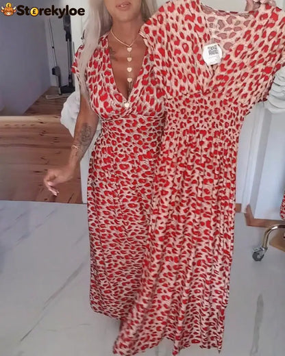 Elegant Leopard Print V-Neck Dress - Red / S